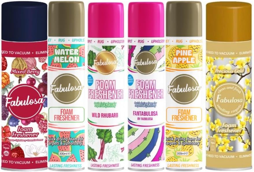 6 Piece Fabulosa Foam Carpet Freshener Spray Bundle Scents Wild Rhubarb Fantabulosa Watermelon Pineapple Mixed Berry