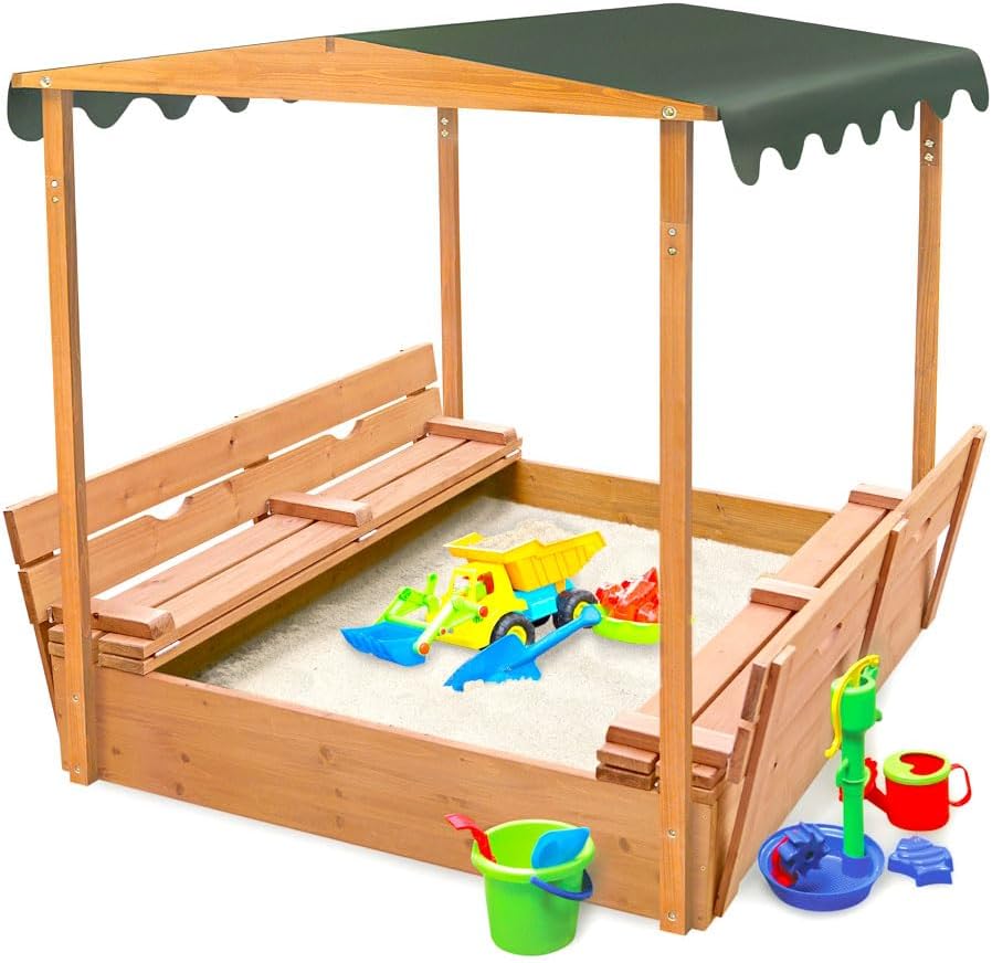 Badger Basket Cedar Sandbox for Kids with Canopy & Benches - Outdoor Convertible Wooden Sandbox with Lid, UV Shade & Built-In Seating - Backyard Playset (46.5 x 46.5 x 57)
