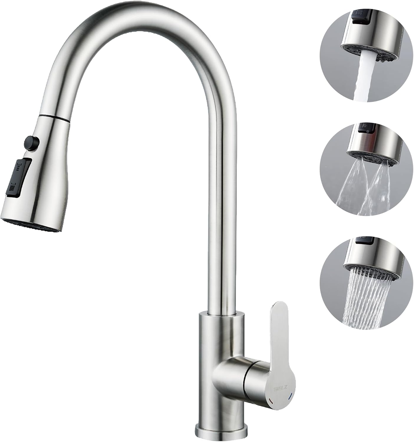 BELZ Kitchen Tap, Kitchen Mixer Taps 360° Swivel, Sink Mixer Tap with Pull Out 3 Modes Spray, Stainless Steel Sink Faucet, Polished Chrome