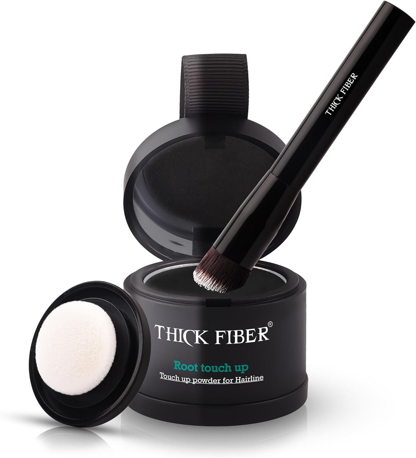 THICK FIBER Root Touch Up & Hairline Powder with Brush 4g – Covers Grey Roots & Thinning Hair – Sweat & Water Resistant – Hair Concealer for Bald Spots & Fill-In (Black) for Women & Men