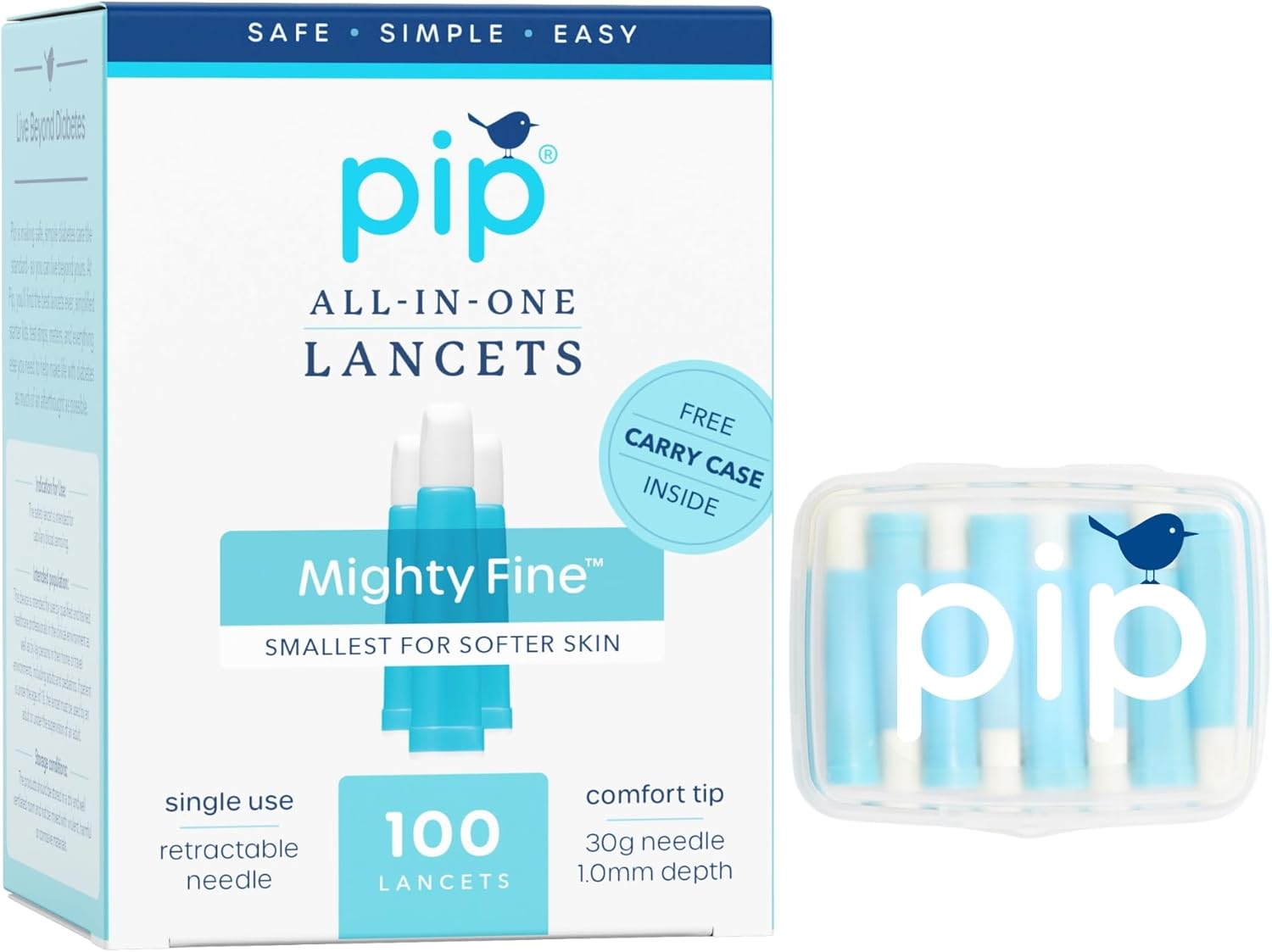 Pip Lancets - 30G x 1.0mm - 100 Count - Safety Lancets for Painless Blood Glucose Testing - Sterile, Single-Use, No Lancing Device Needed - Blue