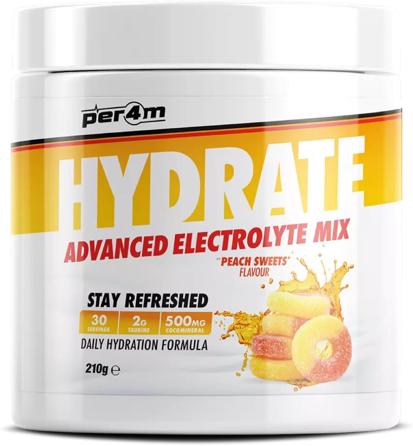 Per4m Hydrate Electrolyte Mix Powder | 500mg Cocomineral | Replenish Essential Electrolytes | Aiding Muscle Function, Cardiovascular Health, Neurological Support (Peach Sweets, 210g)