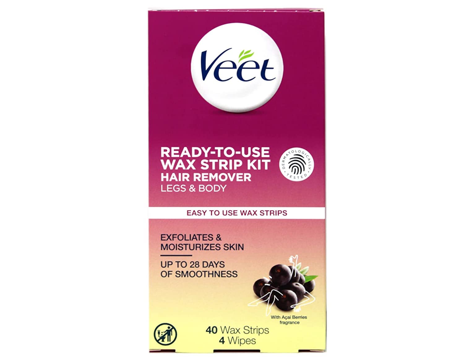 Veet Ready-to-Use Dermatologically Tested 40 Count Hair Remover Wax Strip Kit for Legs & Body (3 Pack)