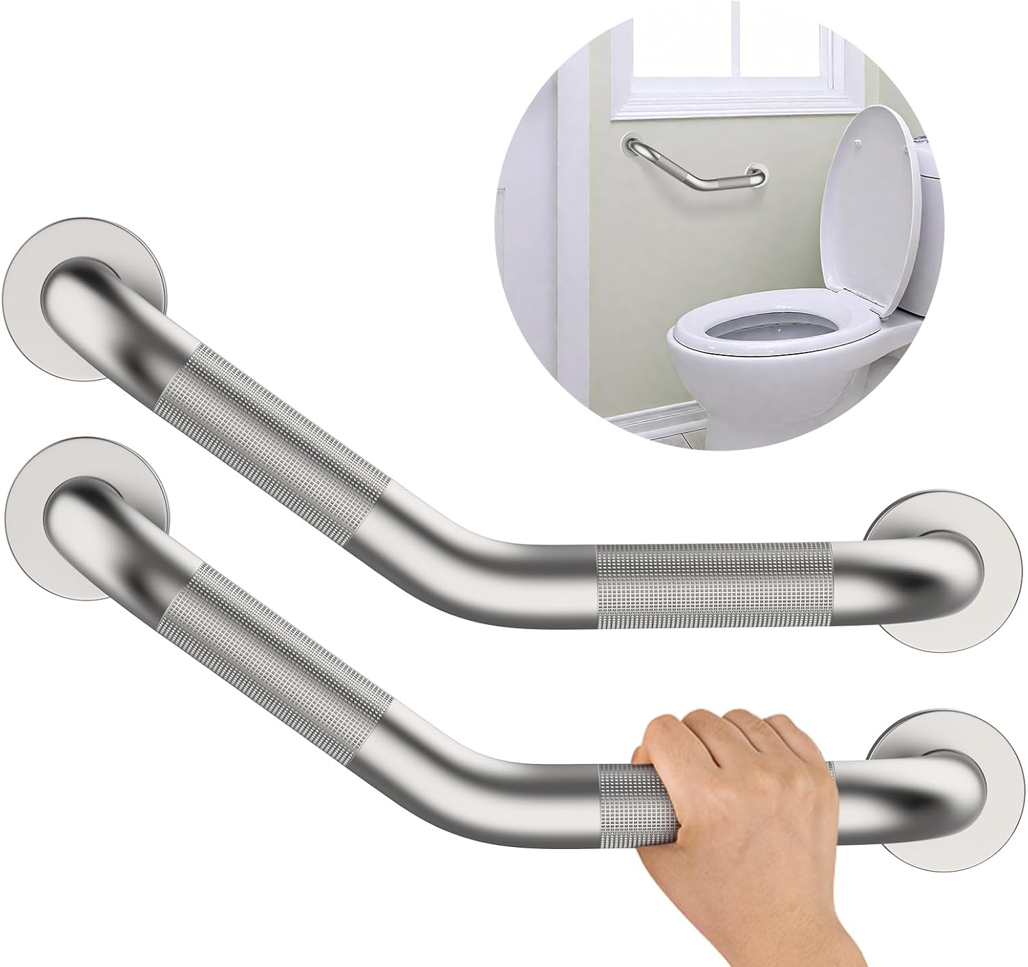16 Inch Angled Shower Grab Bar, Munzong Brushed Nickel Bathroom Grab Bar | Anti Slip 2 Pack Knurled Bathroom Balance Bar Safety Hand Rail Support Handicap Elderly Injury Senior Assist Bath Handle