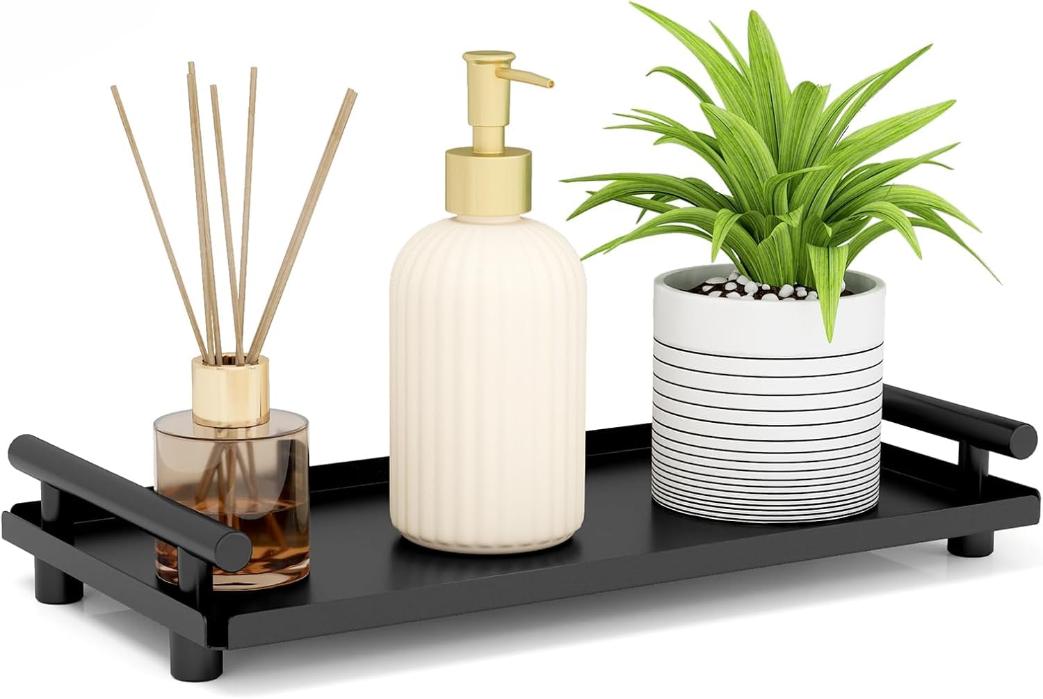 BETHOM Bathroom Tray, Metal Black Decorative Vanity Tray with Handle, Rectangle Countertop Organizer Small Storage for Cosmetic Perfume Jewelry Soap Candle Plant Tissue