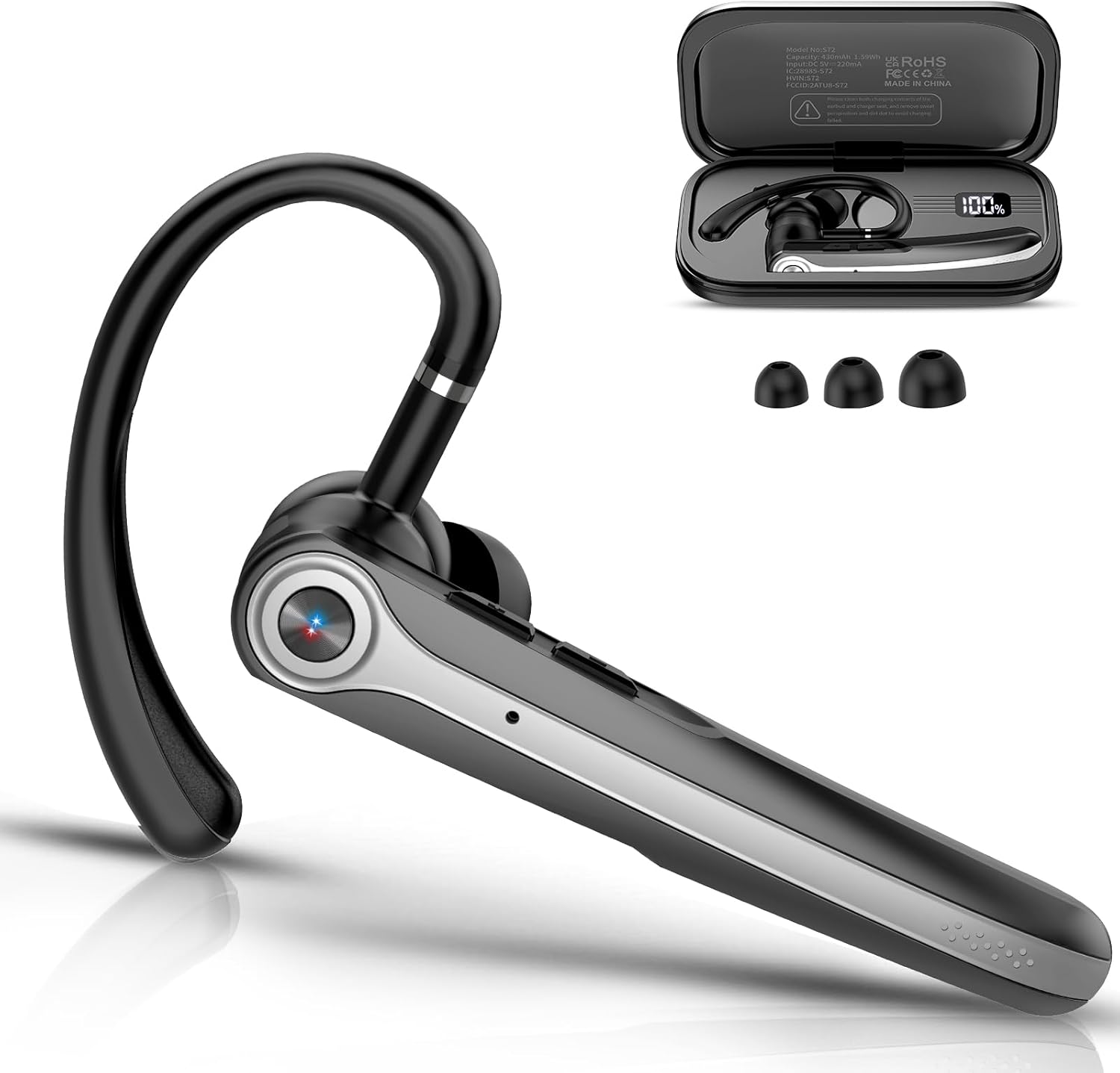 Bluetooth Headset V5.4, Handsfree Bluetooth Earpiece with Dual ENC Mic, Single wireless Headset 25Hrs Talk 180Hrs Standby Time, In-Ear Headphones for Driving/Business/Office with Android iOS Laptop