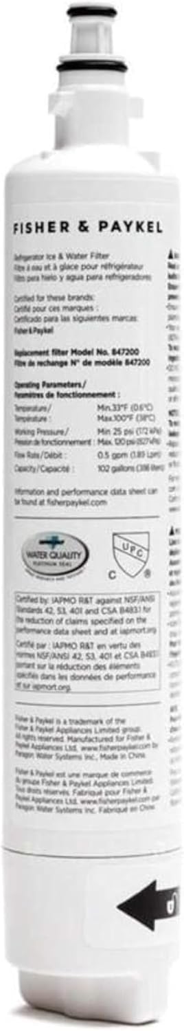 Fisher & Paykel 847200 Refrigerator Water Filter | Certified to Remove Chemicals and Contaminants from Water | Waters Filter Improves Water-Quality and Taste - Pack of 1