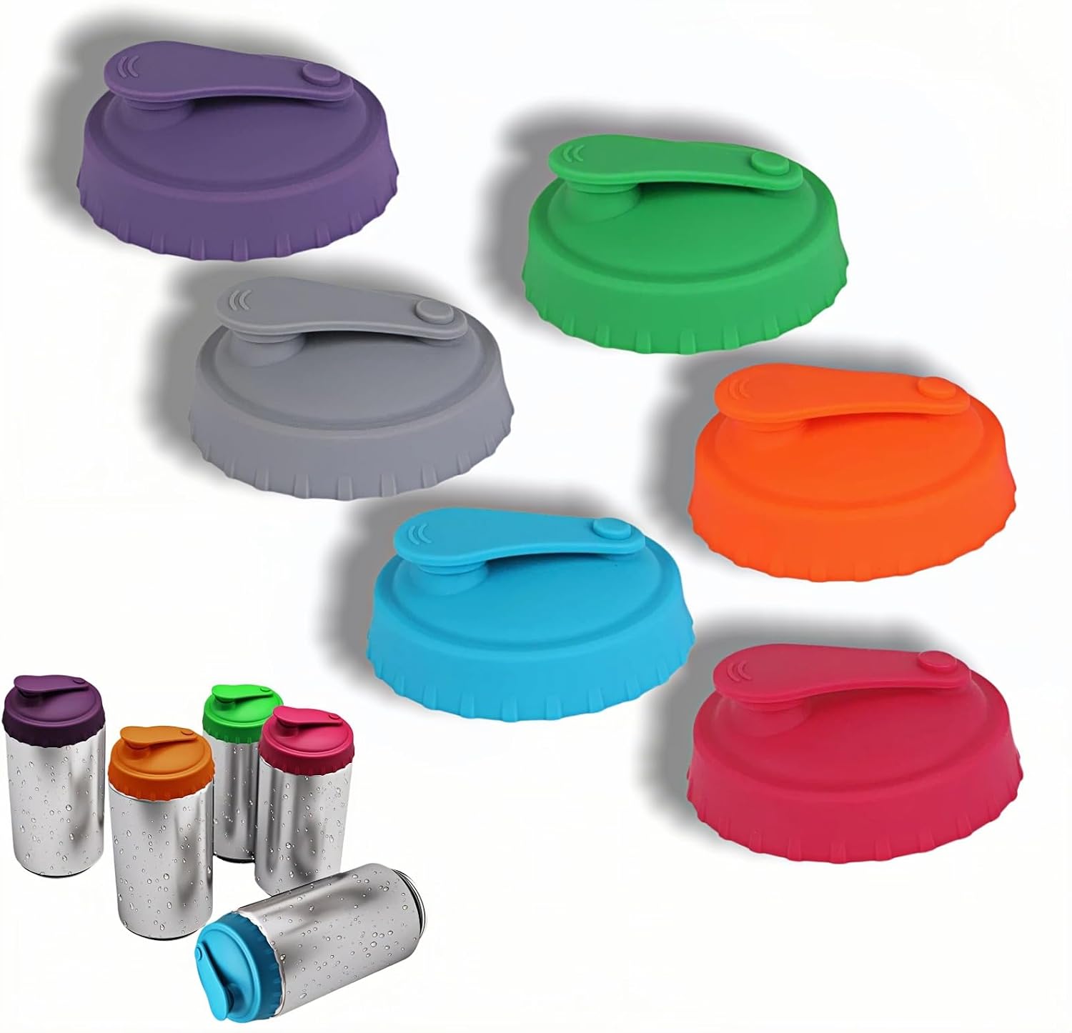 Reusable Silicone Can Lids, Universal Fit for Soda Beer Slim & Standard Cans, Airtight Leak-Proof Seal to Keep Drinks Fresh, Splash & Dust Protection for Travel, Upgraded 6 Pack Multicolor