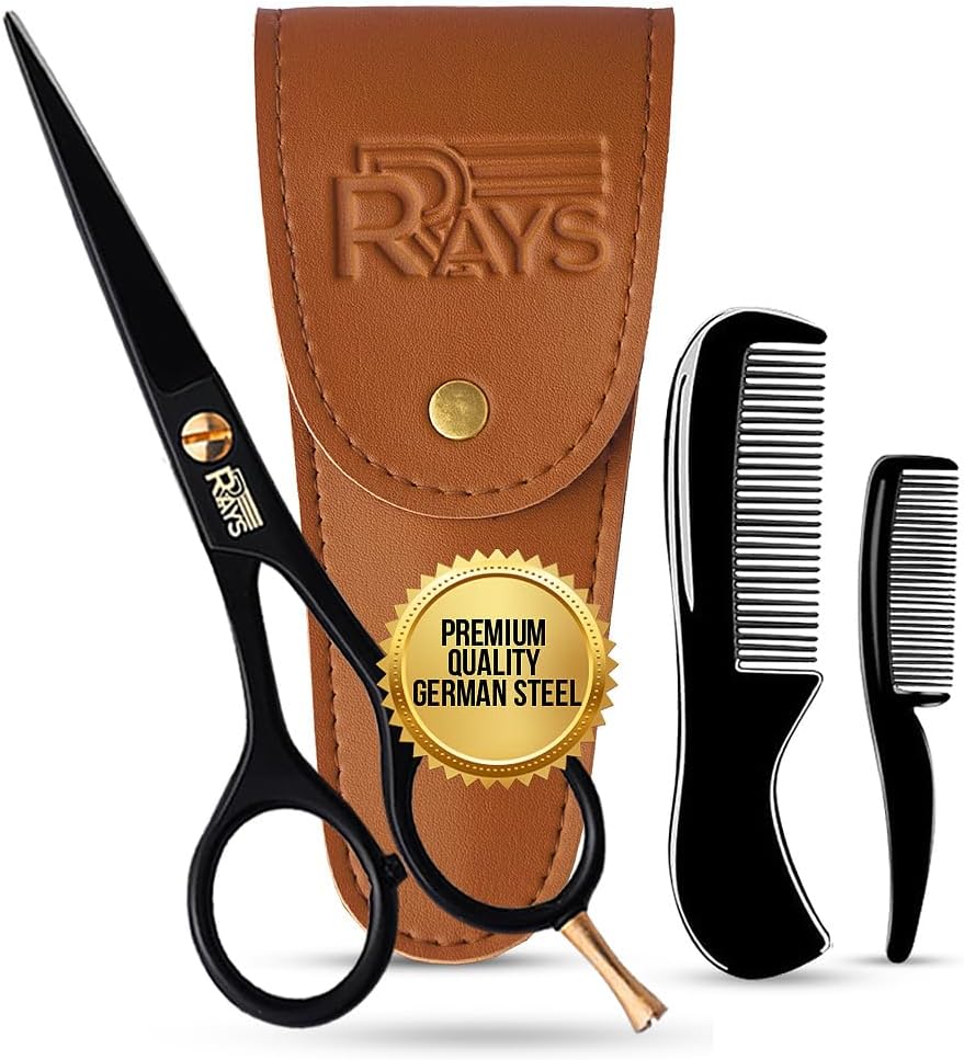 5'' Beard Scissors for Men- German Mustache Scissors with Beard & Mustache Comb- Beard Trimming Scissors with Travel Pouch- Mustache Grooming kit for men Facial Hair Styling-Mustache Trimmer.