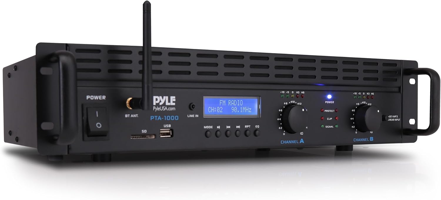 Pyle 2-Channel Rack Mount Power Amplifier with Bluetooth - 2000W Bridgeable with TRS XLR Input, Speakon Outputs, USB-A Input with MP3 Player, Bridge Mode, Cooling Fan, LED Level Meters - PTA1000BT