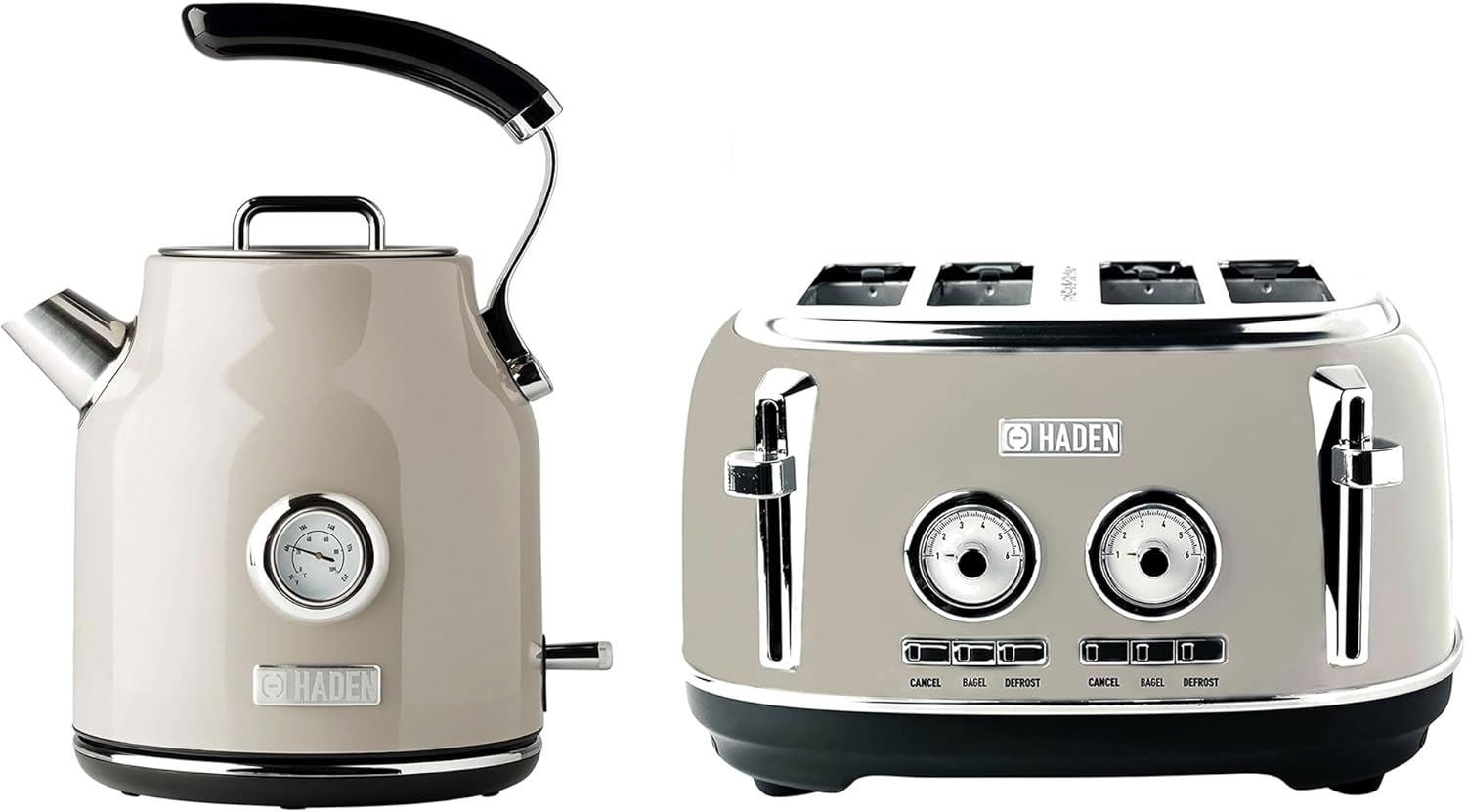 Haden Dorset 4 Slice Wide Slot Stainless Steel Toaster Bundled with 1.7 Liter Stainless Steel Electric Kettle with 360-Degree Base, Putty & Chrome