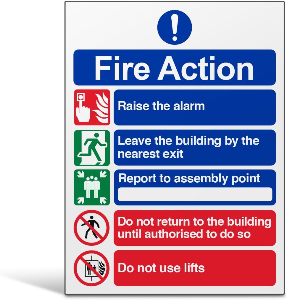 V Safety Fire Action Notice Sign - Clear 5-Step Emergency Instructions - 150mm x 200mm Portrait Safety Signage for Buildings & Offices - Durable 1mm Rigid Plastic, EN ISO 7010:2012 Compliant