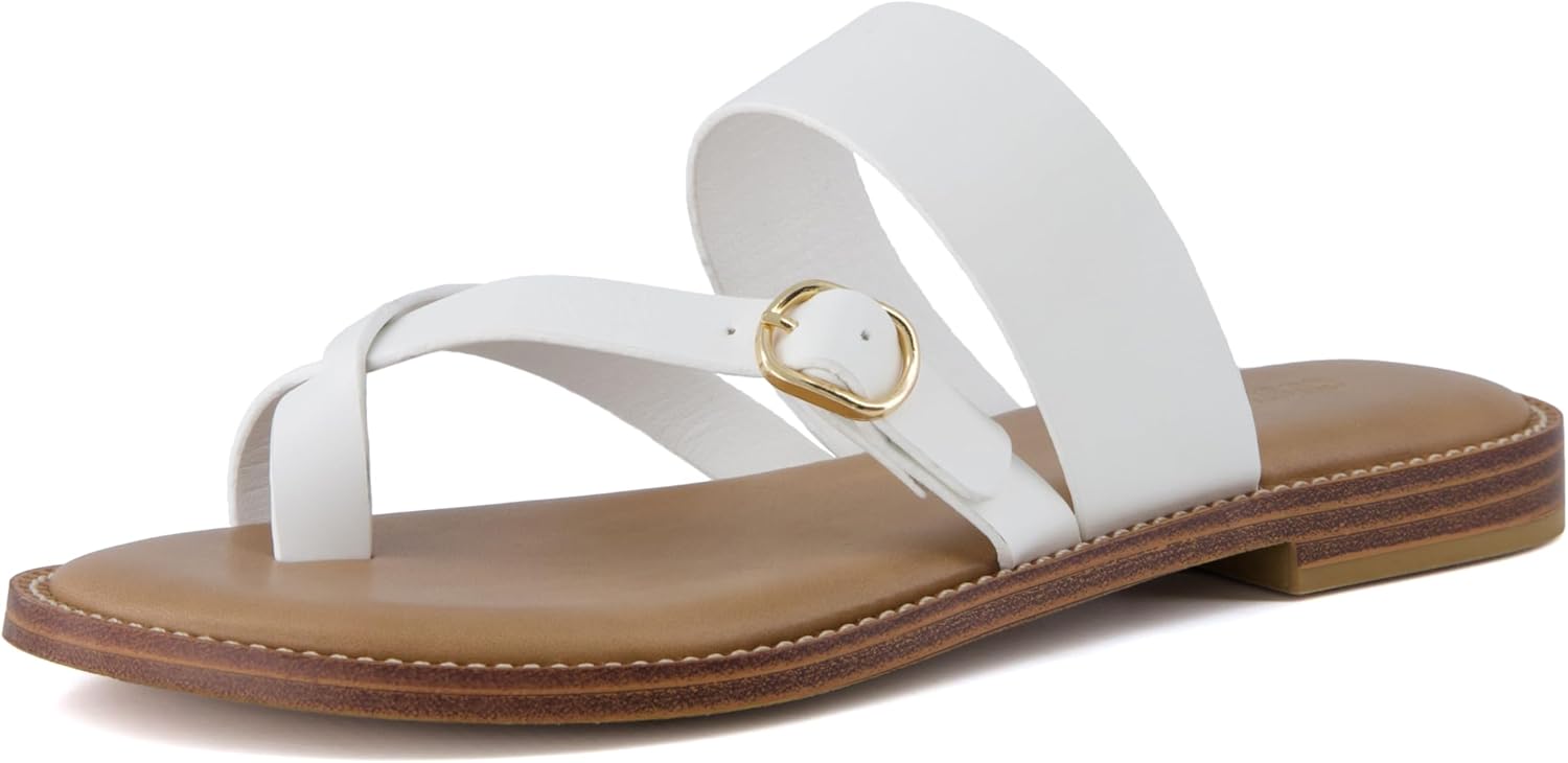 CUSHIONAIRE Laws Women’s Flat Sandal – Faux Leather Slip-On with Toe Loop, Adjustable Buckle & Cushioned Footbed