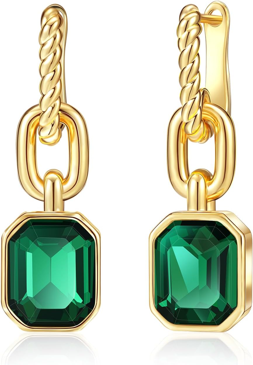 MESOVOR Gold Crystal Drop Earrings, 18K Gold Plated Hoop Earrings | Emerald Green Black Earrings Jewelry Gift for Mother Wife