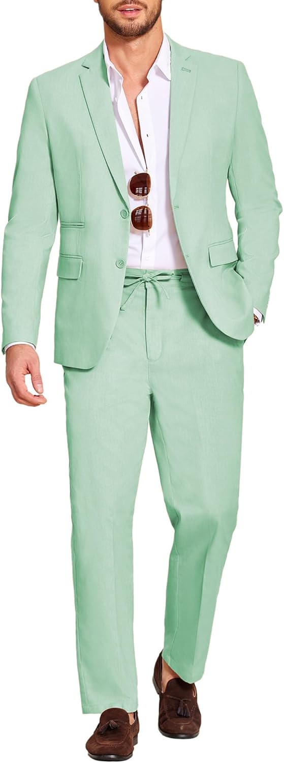 COOFANDY Men's 2 Piece Linen Suits Set Regular Fit Casual Lightweight Blazer Jacket and Pants