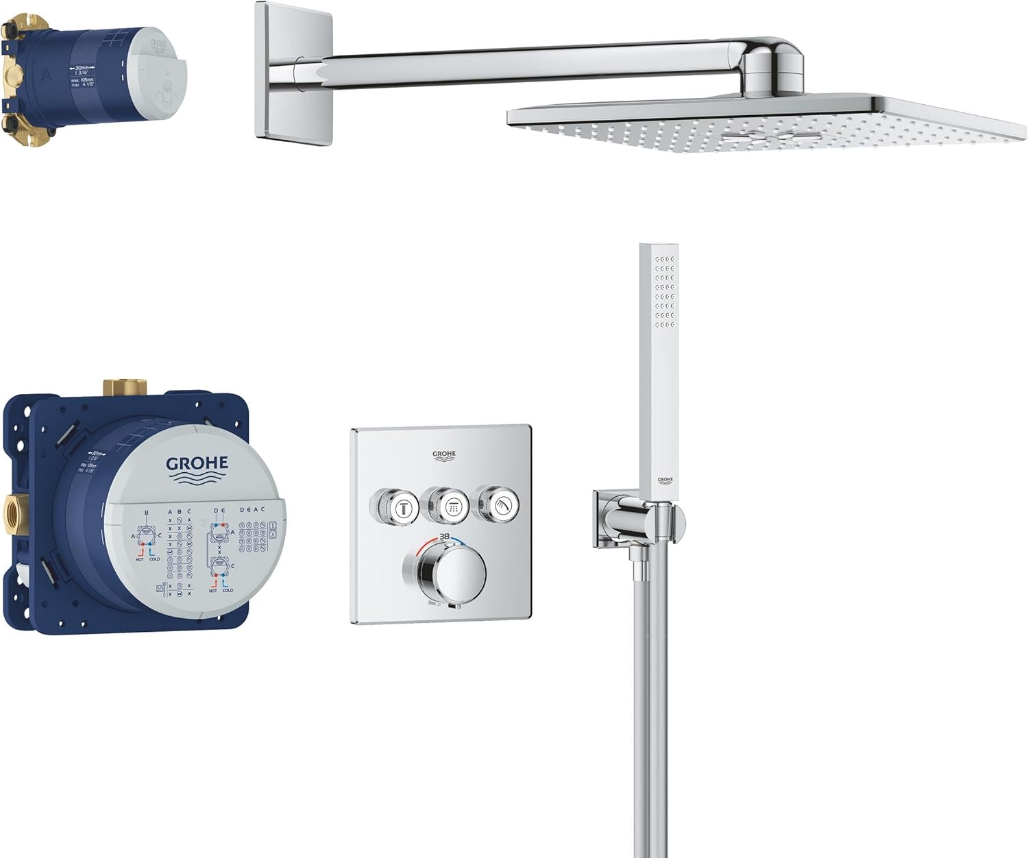 GROHE Precision SmartControl - Concealed Shower System with 3 Valves Thermostat (SmartActive 31cm Head Shower 2 Sprays, Cube Stick Hand Shower 1 Spray, Hose 1.5m, Square Trim), Chrome, 34875000