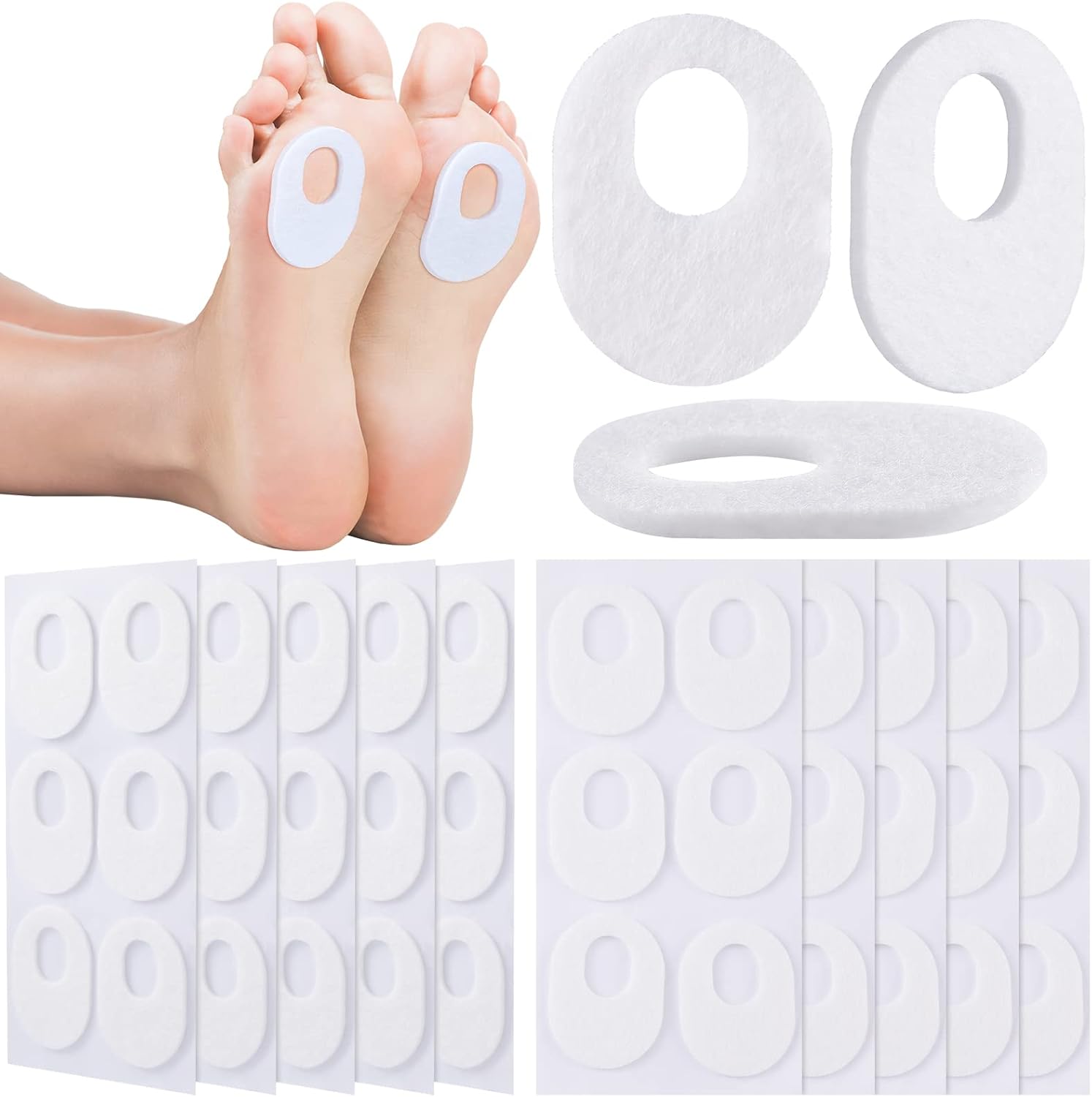 WILLBOND 60 Pcs Callus Pads Soft Felt Callus Oval Shape Corn Pads for Bottom of Foot Adhesive Foot Corn Cushion for Men and Women Feet Toes Heel Pain Relief, White