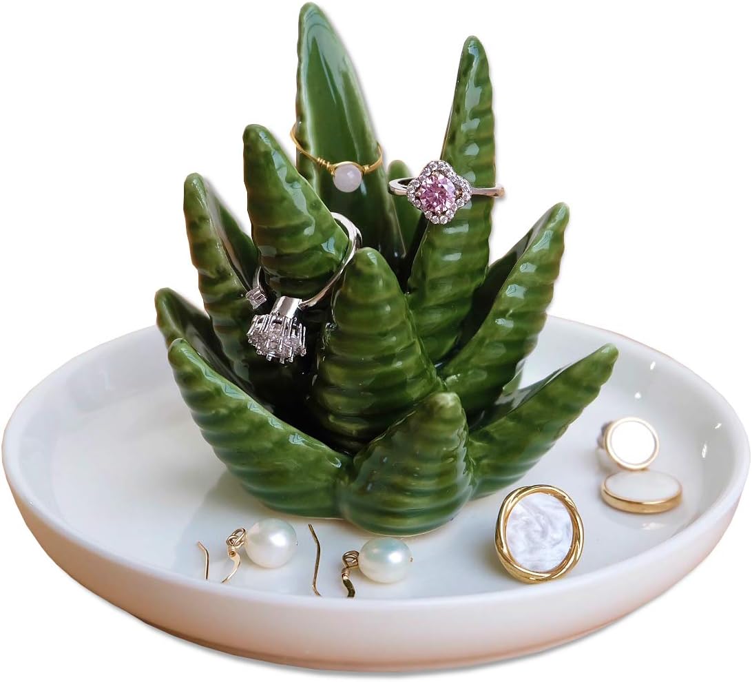 PUDDING CABIN Aloe Ring Holder,Cactus Ring Dish,Jewelry Holder Trinket Tray for Rings Earrings Necklace Organizer,Bridesmaid Christmas Birthday Gift for Women Girls
