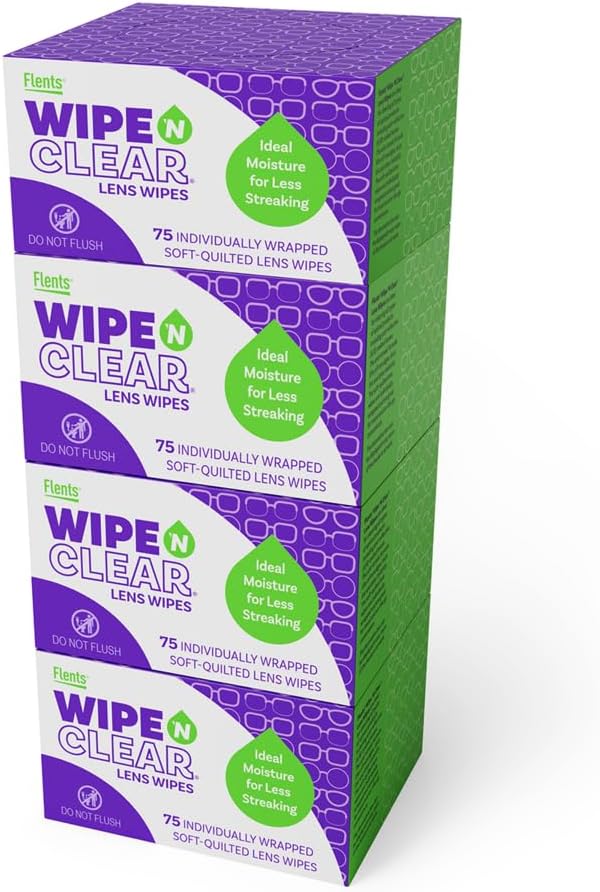 Flents Wipe 'N Clear Lens Cleaning Wipes 5" x 6" Lens Wipes AntiStreak Fast Drying 4 Portable Boxes Of 75, Bonus Pack, 300 Count, Made in the USA, 75 Count (Pack of 4)