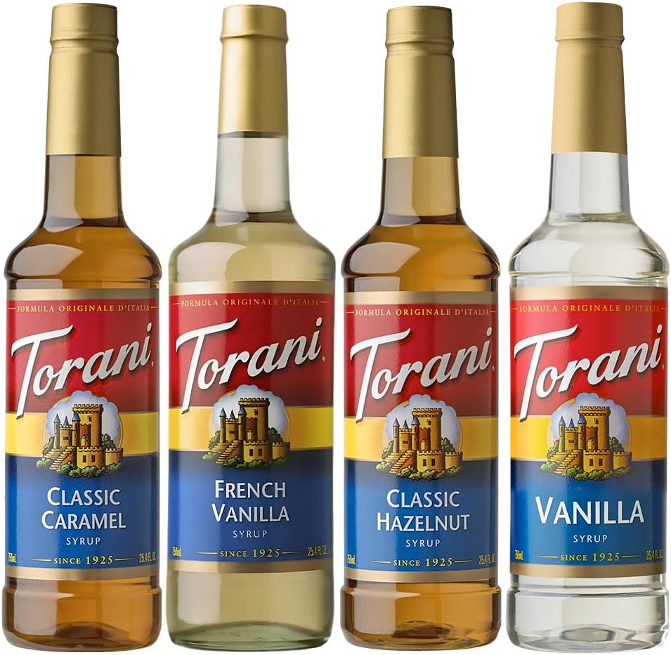 Torani Coffee Syrup Set 4 x 750ml (Vanilla, Classic Caramel, French Vanilla, Classic Hazelnut). Deliciously Flavoured Syrups for Coffee Drinks, Cocktails, Milkshakes or Cocoa - Genuine Torani Flavour