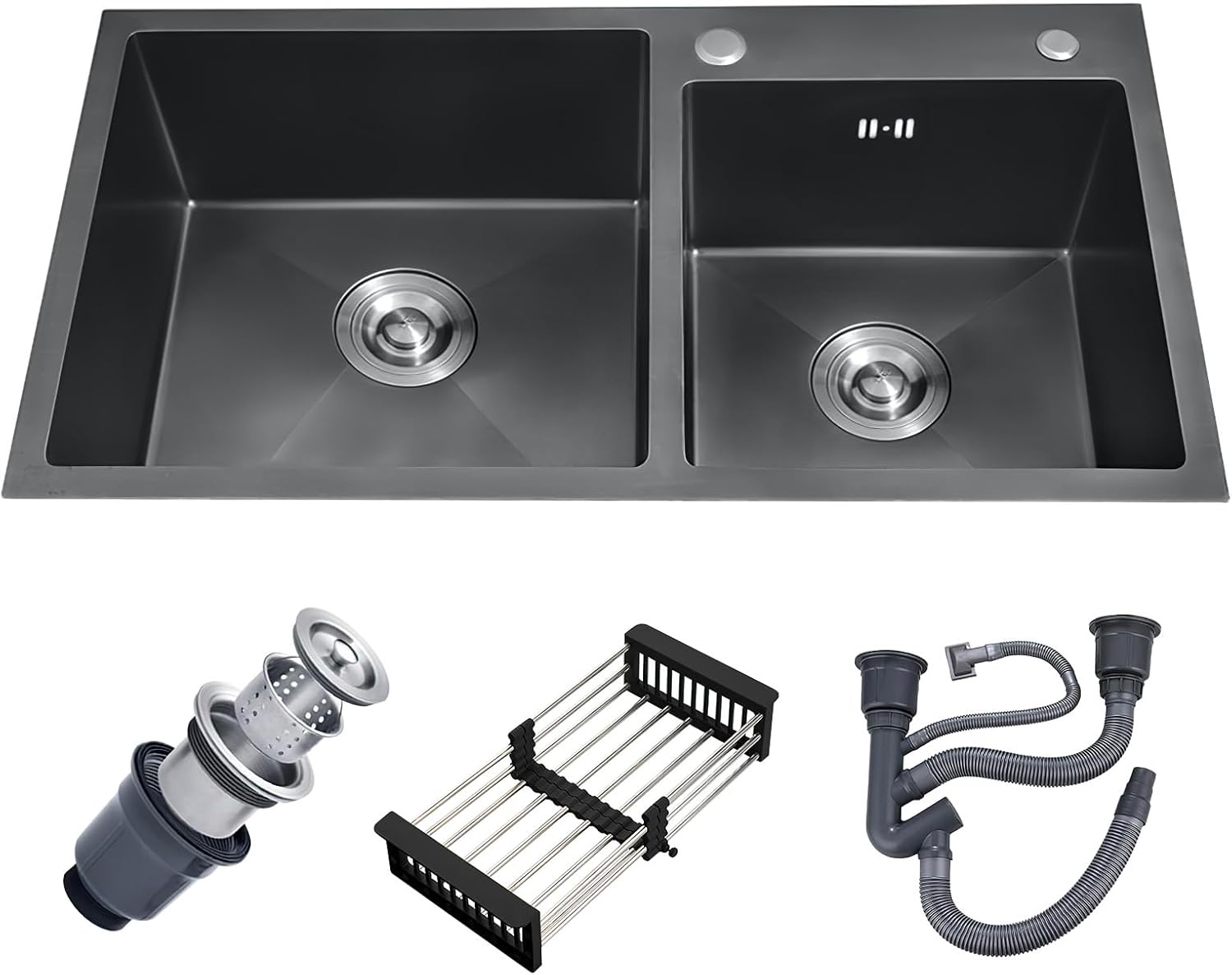 30-inch Black Kitchen Sink, Double Bowl Drop-in/Top-Mount 304 Stainless Steel with Nano Coating, Includes Drain Assembly & Fruit Basket for Modern Kitchen (30.7" x 16.9")