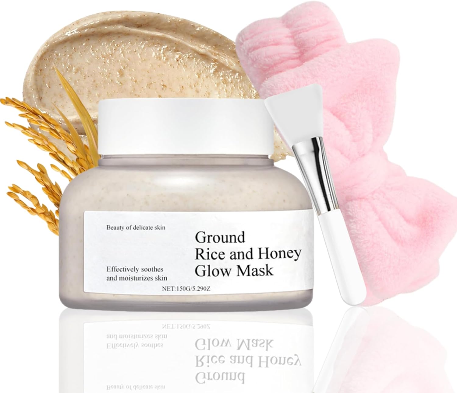 3pcs Ground Rice and Honey Glow Mask - Rice and Honey Clay Face Mask - Hydrating Glass Skin Mask Beauty - Korean Mud Mask For Gentle Exfoliation,Shrink Pores - With Face Brush,Spa Headband