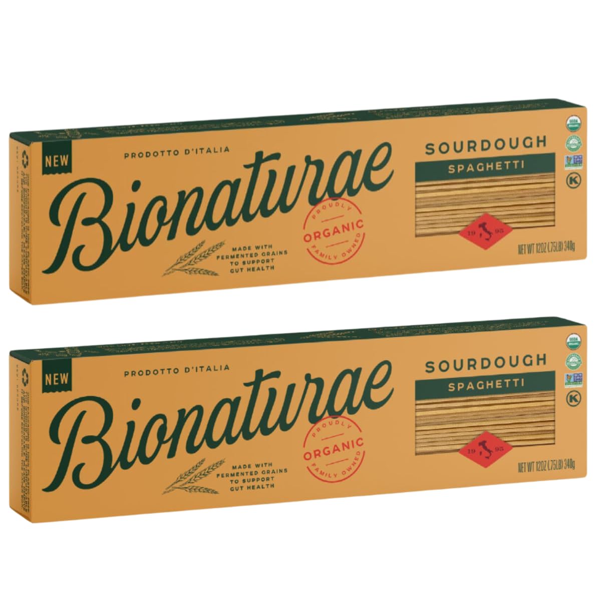 Bionaturae Spaghetti Pasta Noodles - Sourdough Pasta, Kosher Certified, High Protein, Non-GMO Verified, USDA Certified, Spaghetti Pasta Organic, Crafted in Italy - 12 Oz (Pack of 2)