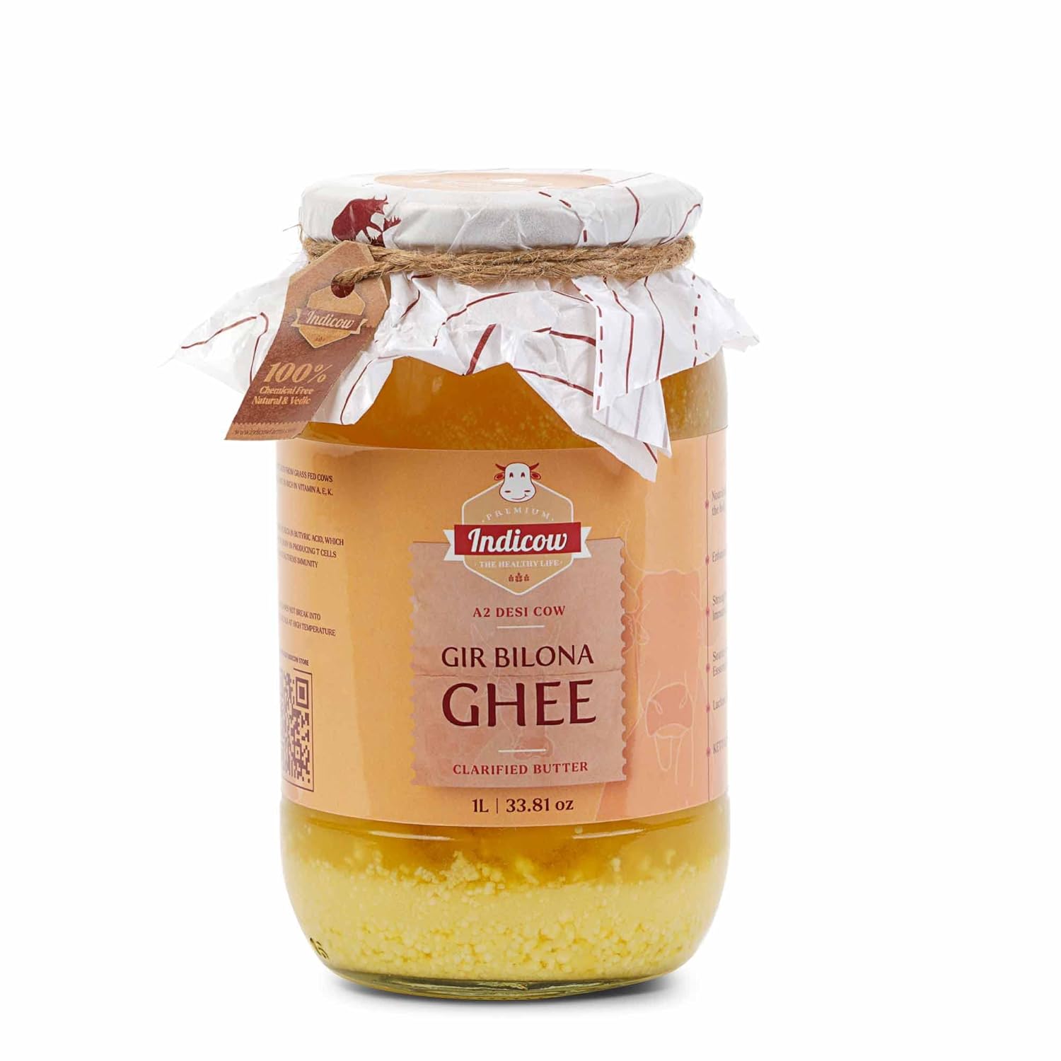 Indicow A2 Desi Cow Ghee, Clarified Butter| Grass Fed Cows | (1000ML(33.8oz), Gir Cow Ghee) Grass Fed, Pasture Raised Clarified Butter Fat, Keto, Paleo, Lactose Free, Casein Free, Non-GMO |