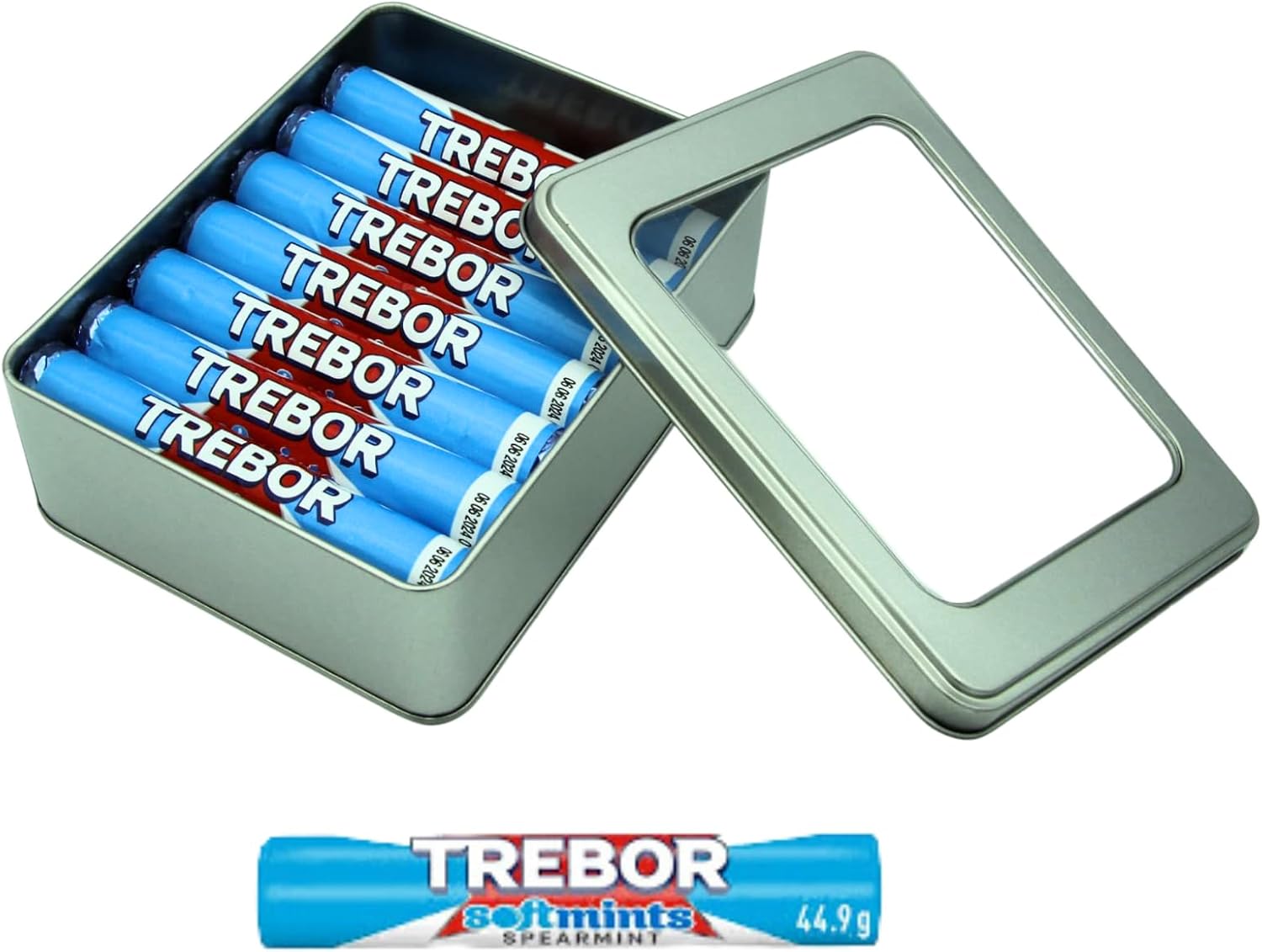 Trebor Softmints Spearmint Mints (Blue) 14 Rolls x 38g, and TinTastic Silver Refillable Tin, Gluten Free and Vegan