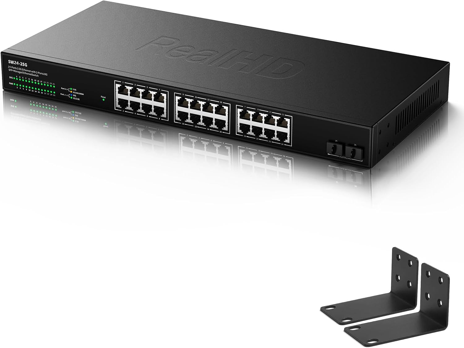 24 Port 2.5Gb Ethernet Network Switch 24 x 2.5 Gigabit Base-T Port | 2 x 10G SFP+ | Compatible with 10-100-1000Mbps | Fanless Metal Internet Switch | 19 Inch Rack Mount | 160G Bandwidth