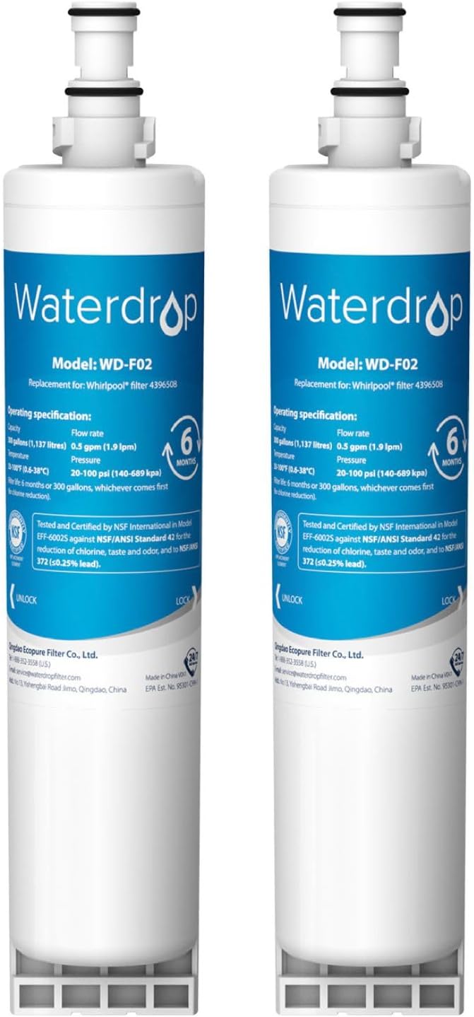 2X Waterdrop 4396508 Fridge Water Filter, Compatible with Whirlpool 4396508, 4396510, SBS002, SBS004, SBS200, S20BRS, EDR5RXD1, 481281729632 (Package May Vary)