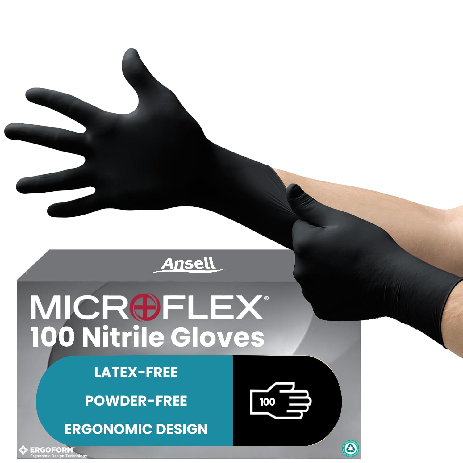 Ansell MicroFlex 93-852 Disposable Gloves, Latex and Powder-Free, Food Certified, Chemical and Mechanical Protection, Multipurpose Professional, Black Size XS (100 Pieces)
