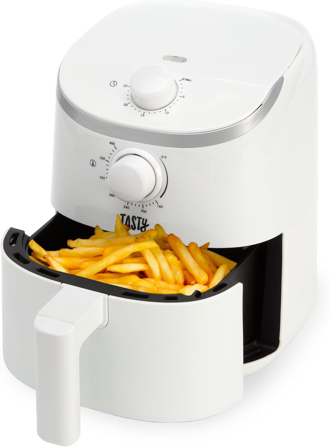 Tasty Personal Air Fryer, Healthier Meals in Minutes, Adjustable Temp Control up to 400°F, Easy-to-Use Design, Nonstick Basket and Tray Made without PFAS, PFOA, PFOS & PTFE, 900 Watts, 2-Quart, White