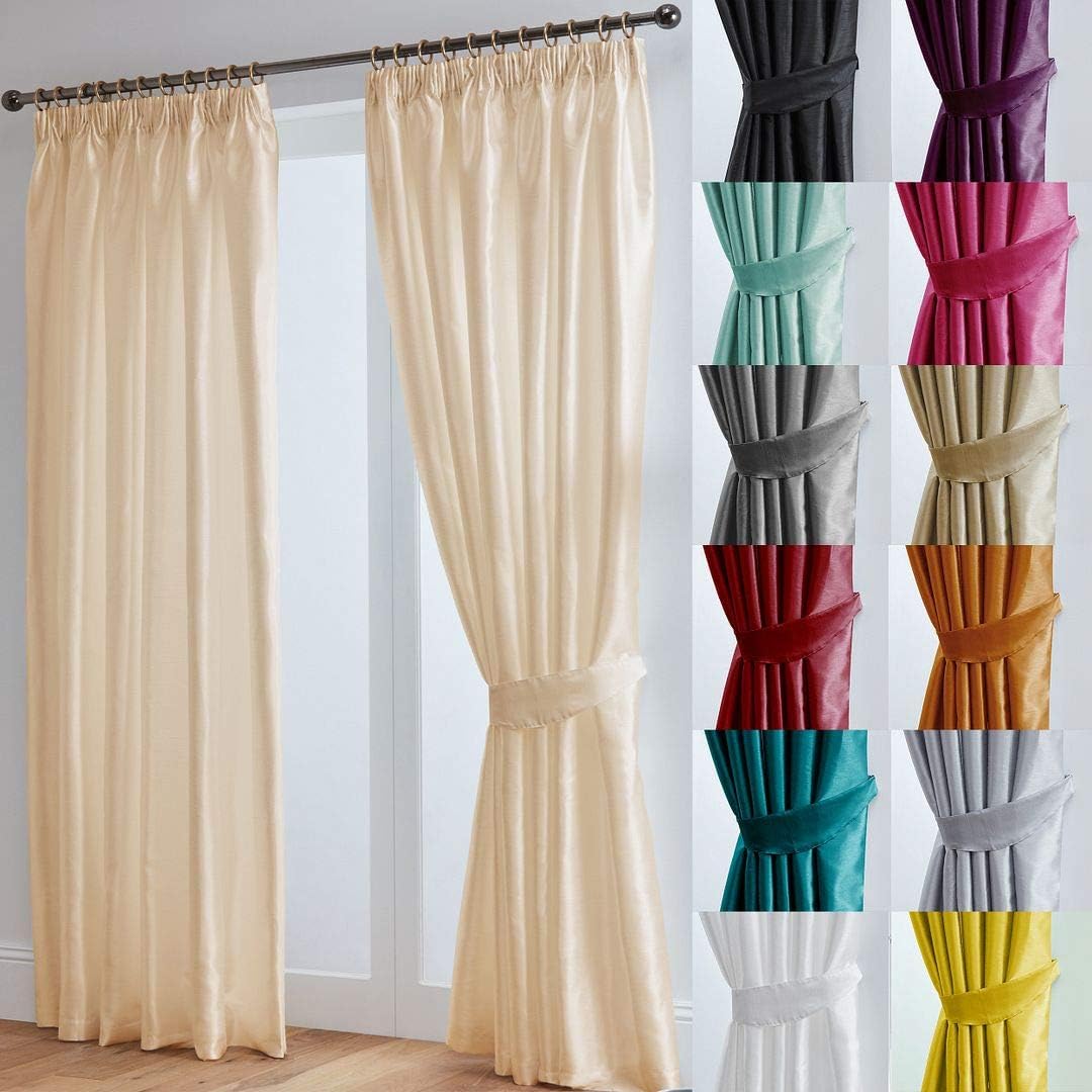 John Aird Luxury Faux Silk Fully Lined Pencil Pleat Curtains With Matching Tie Backs (Cream, 168cm Width x 229cm Drop (66"x 90")