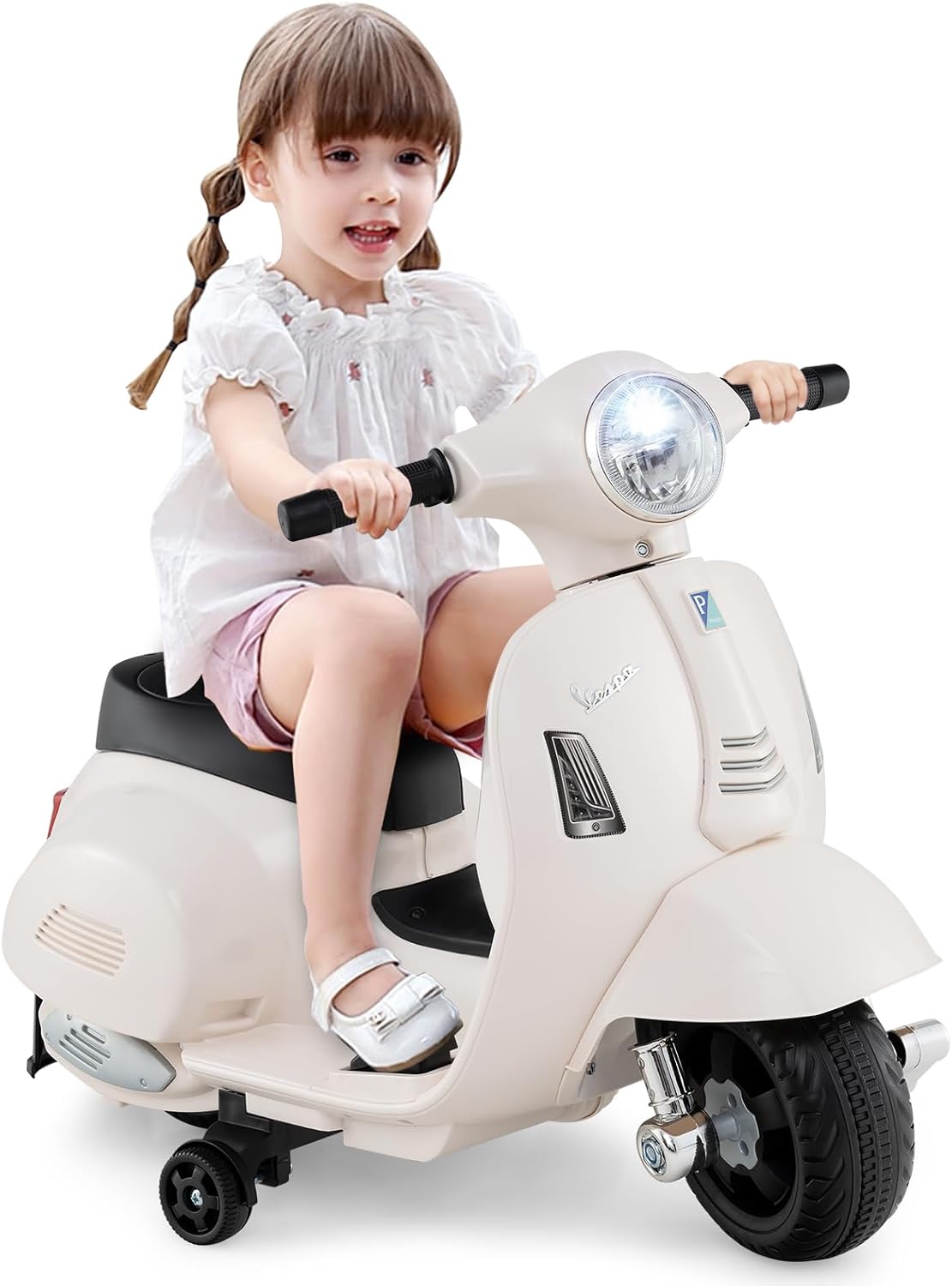 Costzon Toddler Motorcycle, Licensed Vespa Ride on Motorcycle with Training Wheels, LED Headlight & Horn Sound, Ride on Toy, 6V Battery Powered Motorbike, Gift for Boys & Girls, 1-3 Toddlers (White)