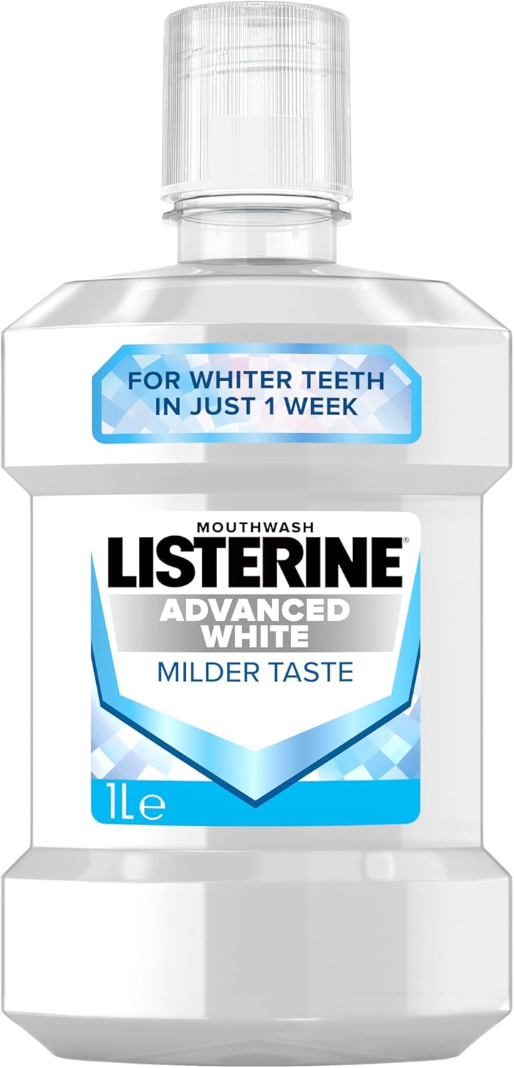 Listerine Advanced White Milder Taste (Zero Alcohol) Mouthwash (1000ml), Fluoride Mouthwash to Whiten and Protect from New Stains While Remineralising and Strengthening Teeth