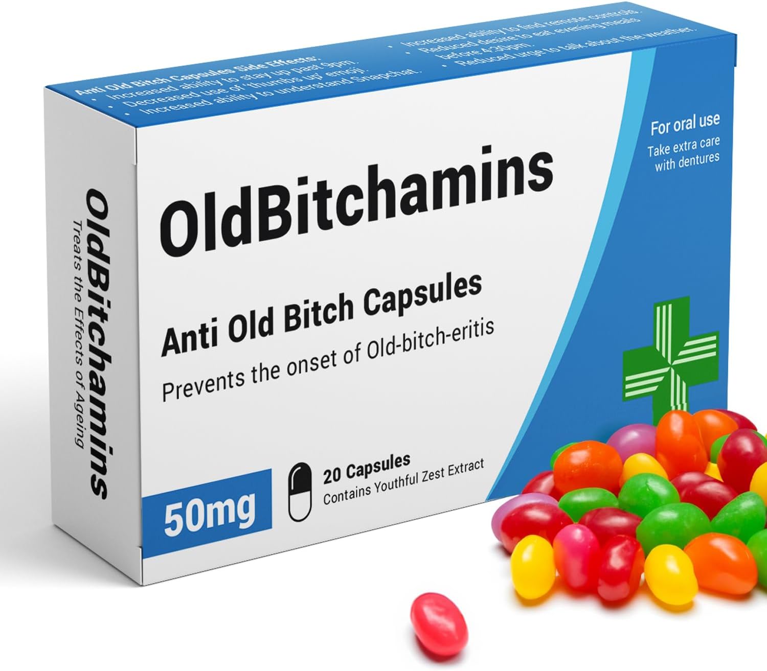 OldBitchamins - Funny Joke Prank Pill Box - Gag Gift with Jelly Beans Sweets 50g, Mothers Day Gifts, Gifts for Mum, 30th, 40th, 50th, 60th Birthday Gifts, Funny Gifts for Women, Gifts Under 10 Pounds