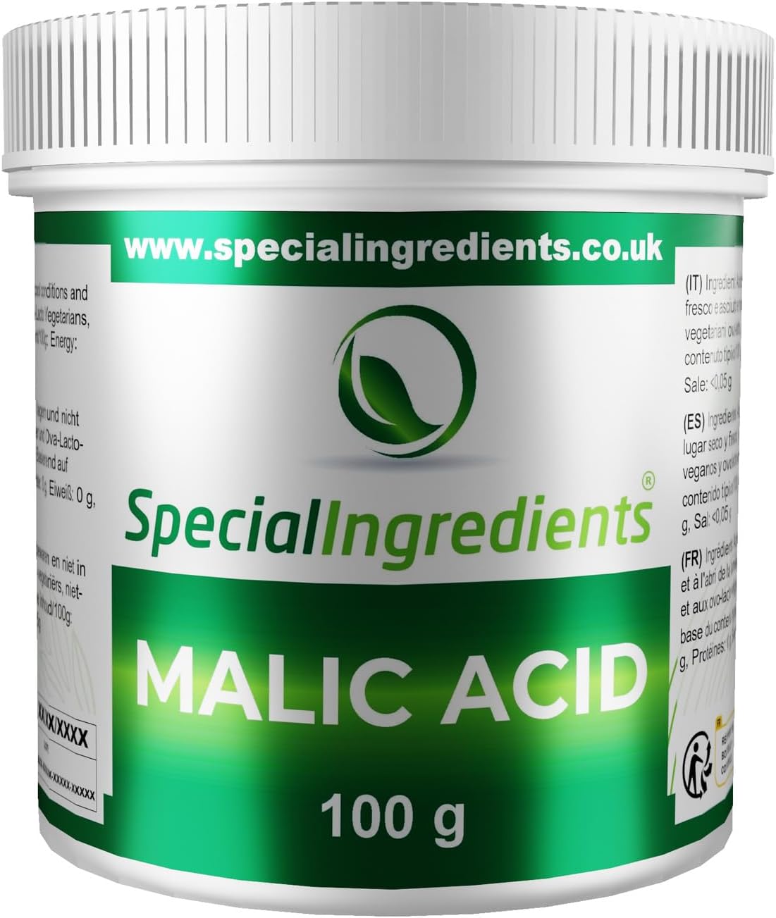 Malic Acid Powder 100g Premium Quality Natural Origin - Vegan, Non-GMO - Recyclable Container