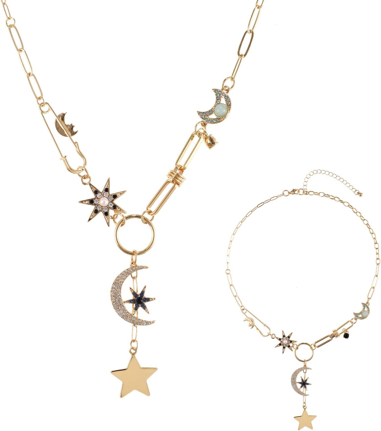 Mikovivi Gold Charm Necklace, Sun Moon and Star Necklace Boho Paperclip Necklace Vintage Chunky Pendant Necklace Jewelry Gift for Women Birthday