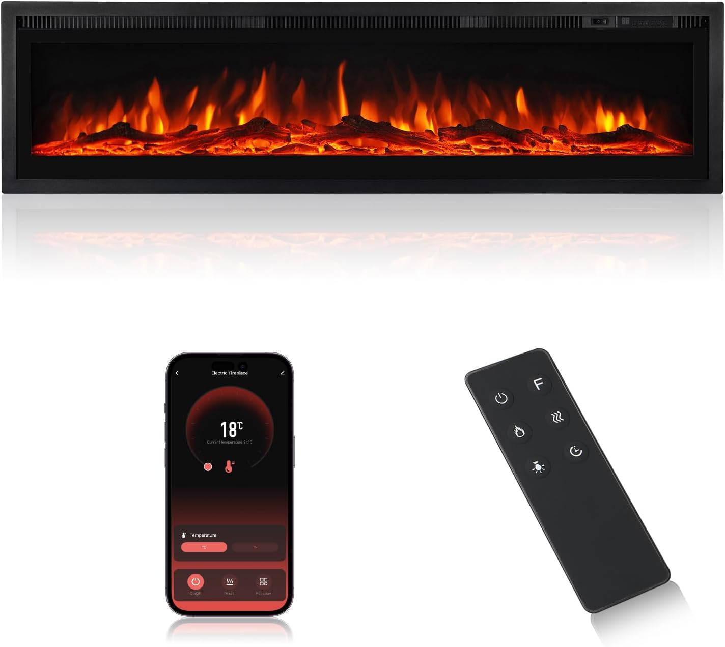 MachenFlame 50" Smart WIFI Inset Wall Mount Freestanding Electric Fireplace with Crystal and Logset, Room Heater with 9 Flame Colors, Black. (127CM-WIFI)