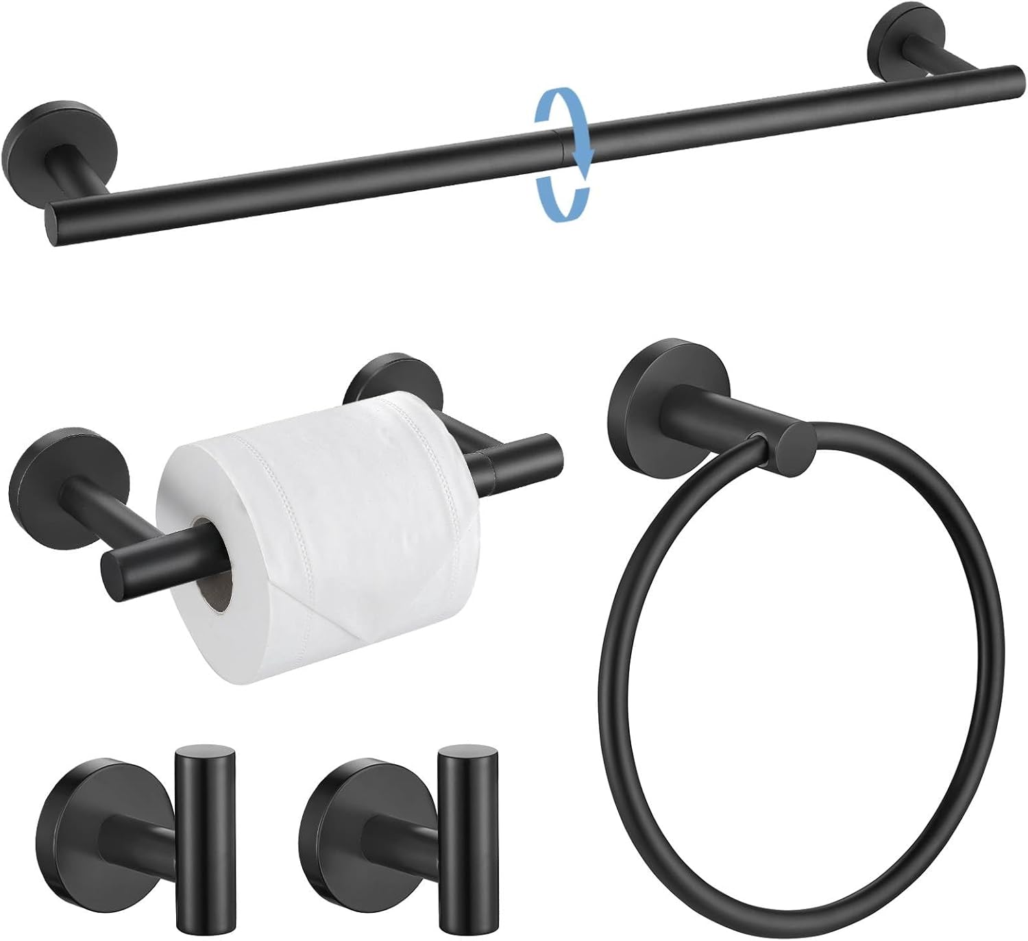 Matte Black Round 5-Piece Towel Bar Set Bathroom Hardware Accessories Set Upgraded Toilet Paper Holder Towel Racks Set for Bathroom Stainless Steel Wall Mounted 23.6 in