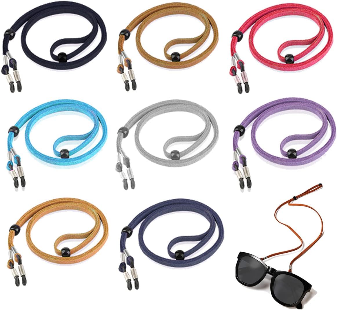 Morices 8 Pcs Adjustable Leather Eyeglass Straps, Multicolor Anti-slip Eyeglass Chains Cords Lanyard Eyewear Retainers, Sport Sunglass Retainer Glasses Holder Strap for Men Women and Kids