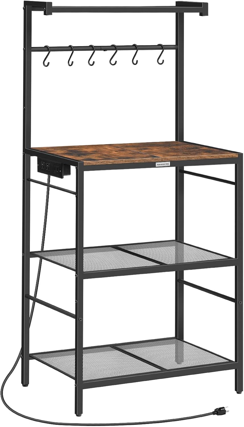 Bakers Rack with Charging Station, Microwave Stand with 6 S-Shaped Hooks, 4-Tier Storage Rack, Practical Coffee Bar, for Kitchen, Dining Room, Rustic Brown BRHR35E01