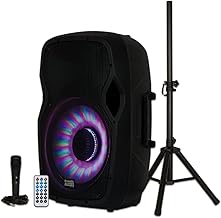 Acoustic Audio by Goldwood 1000 Watt Wireless Portable Bluetooth Multicolored LED Speaker System with Stand and Microphone for Events and Karaoke