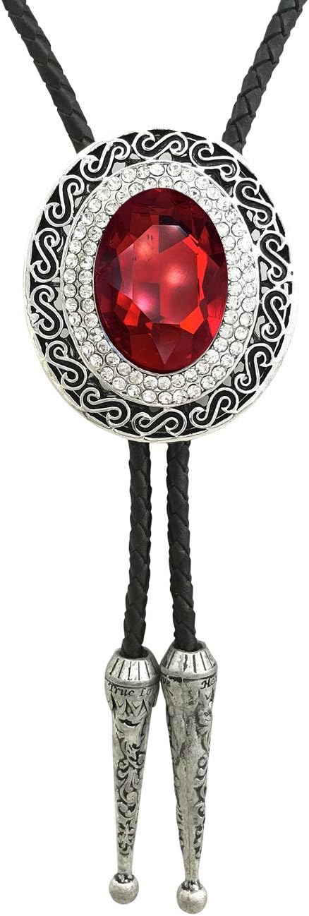 HAISWET Genunie Leather Native Western Red Rhinestone Statement Bolo Tie Silver Tone