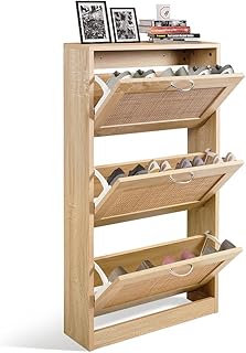 HOPUBUY Rattan Shoe Cabinet for Entryway, Narrow Shoe Storage Cabinet, Hidden Shoe Cabinet Wood 3 Tier Slim Shoe Rack for Home and Apartment, Nature