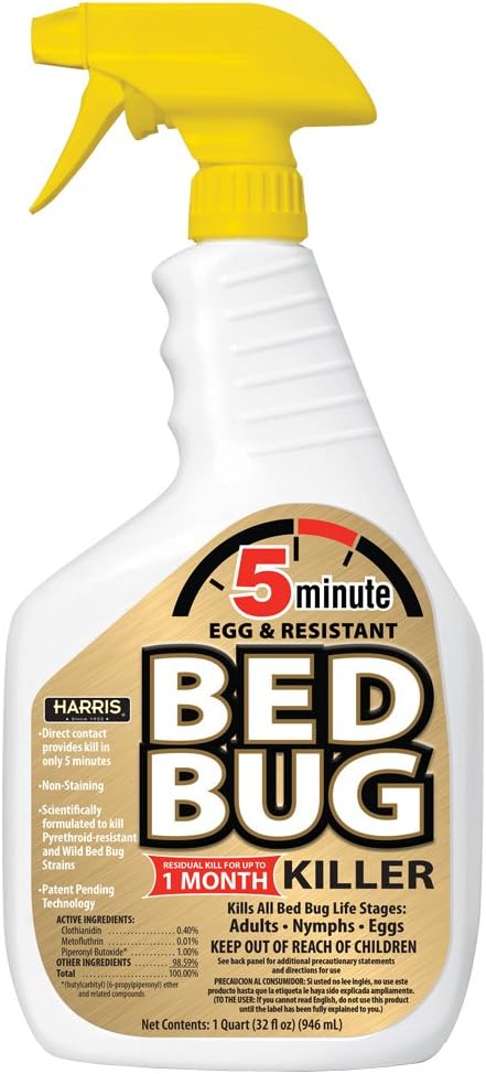 Harris 5 Minute Kill Time Bed Bug Killer Spray, Odorless and Non Staining Formula with Residual Protection (32oz)