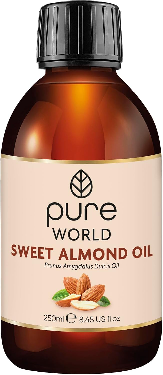 Pure World Premium Sweet Almond Oil 250ml – 100% Natural, Cold-Pressed & Undiluted | Massage & Body Moisturiser for Skin & Hair | Vegan, Edible