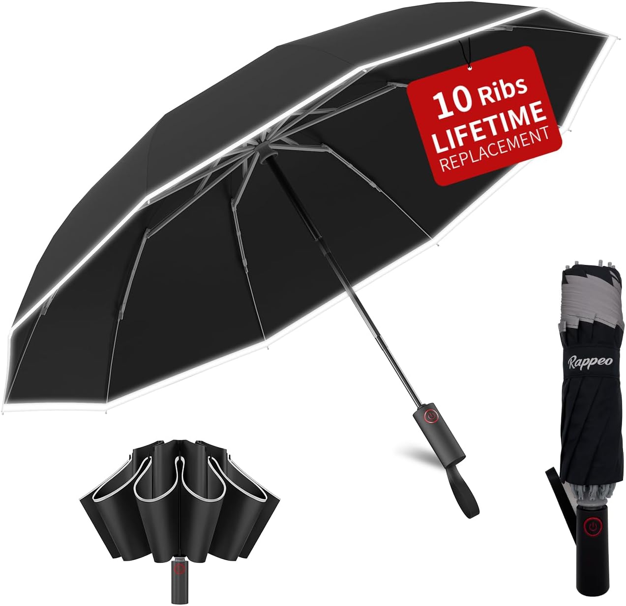 4-in-1 Inverted Travel Umbrella Compact, Automatic Large Umbrellas for Rain & Sun, Portable Windproof Umbrella for Backpack, Reverse Folding Umbrella for UV with Reflective Strips,Lightweight, Black