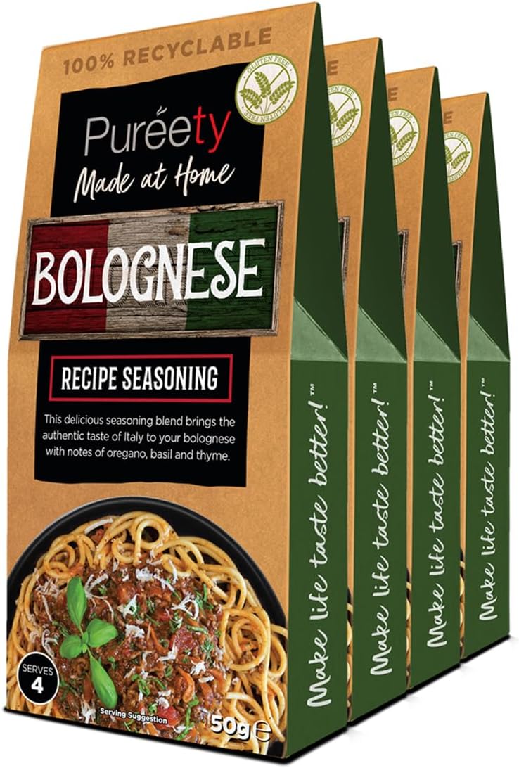 Pureety | GLUTEN FREE Bolognese Recipe Seasoning | Restaurant quality meals made at home | One pack serves four | x 4 packs